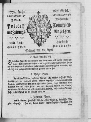 16tes Stück., Ausgabe vom 20. April 1774