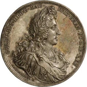 Medaille von Anton Meybusch auf König Wilhelm III. als Befreier von England, Schottland und Irland, 1688
