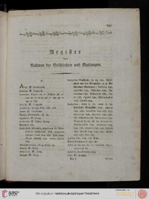 Register der Rahmen der Geschlechter und Gattungen