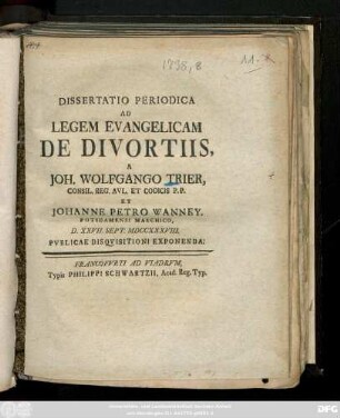 Dissertatio Periodica Ad Legem Evangelicam De Divortiis