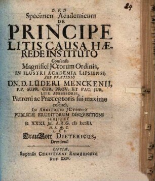 Specimen acad. de principe, litis causa haerede instituto