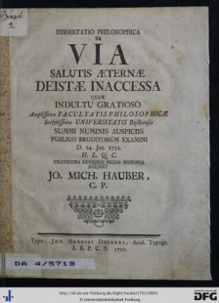 Dissertatio Philosophica De Via Salutis Æternæ Deistæ Inaccessa