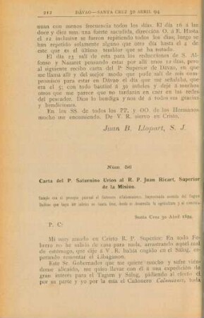 Núm. 56. Carta del P. Saturnino Úrios al R. P. Juan Ricart, Superior de la Misión