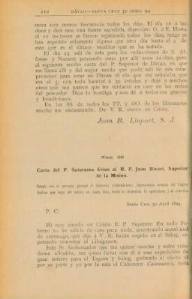 Núm. 56. Carta del P. Saturnino Úrios al R. P. Juan Ricart, Superior de la Misión