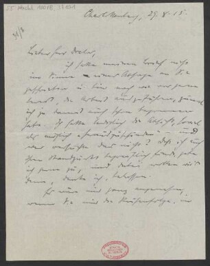 Brief an Ludwig Strecker  und B. Schott's Söhne : 29.08.1915