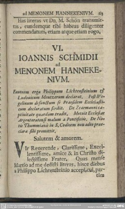 VI. Ioannis Schmidii ad Menonem Hannekenium
