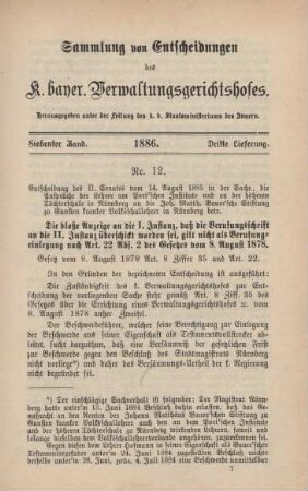 Siebenter Band. 1886. Dritte Lieferung. - Nr. 12. - Nr. 20.