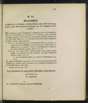 No. 10. Synodalschrift, die Petitionen der Geistlichen der Diöces Plauen und der Diöces Chemnitz wegen einiger Abänderungen des Gesetzes vom 19. September 1864 betreffend