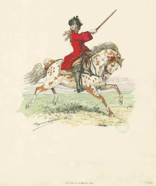 Reiter mit rotem Waffenrock, Mütze, beigefarbene Hose und schwarzen Stulpenstiefeln, hält Holzstock empor, Jahr 1740, Seiten-Vorderansicht