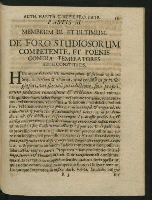 Membrum III. Et Ultimum. De Foro Studiosorum Competente, Et Poenis Contra Temeratores Auth. Constitutis.