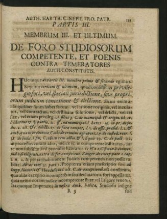Membrum III. Et Ultimum. De Foro Studiosorum Competente, Et Poenis Contra Temeratores Auth. Constitutis.