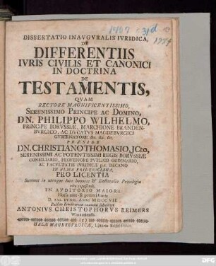 Dissertatio Inavgvralis Ivridica, De Differentiis Ivris Civilis Et Canonici In Doctrina De Testamentis