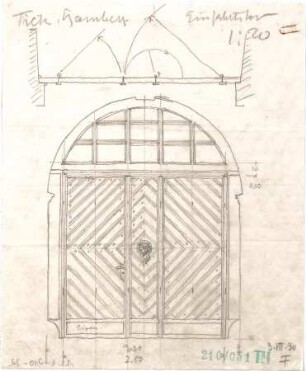 Fischer, Theodor; Bamberg; Warenhaus Tietz, Erweiterung - Eingangstür (Grundriss, Ansicht)