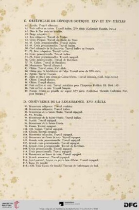 C. Orfévrerie de l'époque gotique. XIVe et XVe siècles (No. 60 - 89)
