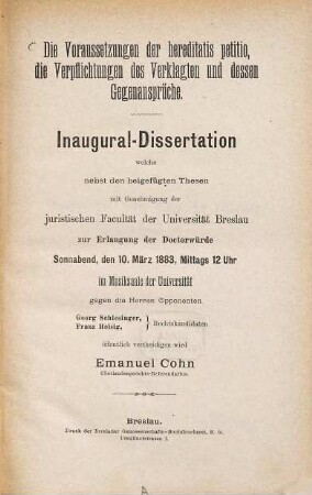 Die Voraussetzungen der hereditatis petitio, die Verpflichtungen des Verklagten und dessen Gegenansprüche