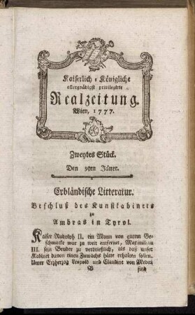 Zweytes Stück. Den 9ten Jäner.