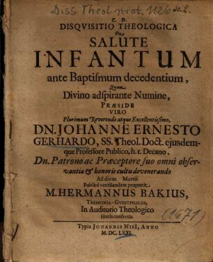 Disqvisitio [Disquisitio] Theologica De Salute Infantum ante Baptismum decedentium