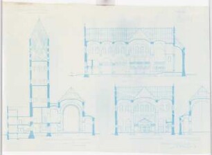 St. Elisabeth Kirche (mit Pfarrhaus), Bochum-Gerthe: Längs- und Querschnitte durch Pfarrhaus und Kirche 1:100