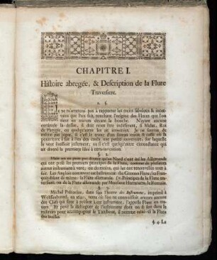 Chapitre I. Histoire abregée, & Description de la Flute Traversiere.