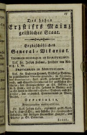 Erbischöfliches General-Vikariat. - Insignis Collegiata zu St. Vikor.