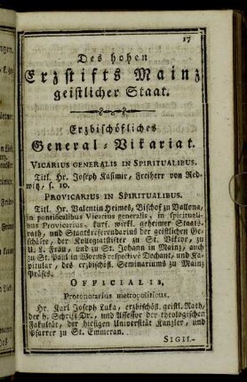 Erbischöfliches General-Vikariat. - Insignis Collegiata zu St. Vikor.