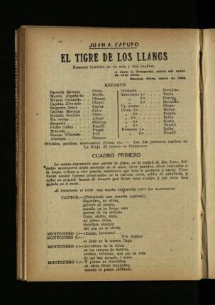 El tigre de los llanos : romance histórico en un acto y tres cuadros
