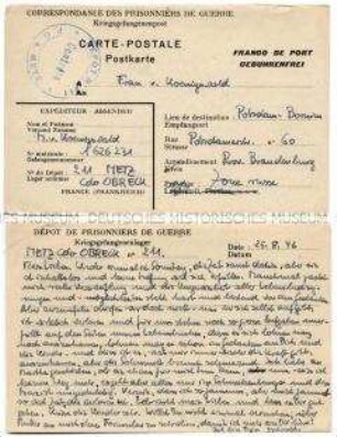 Vordruck-Postkarte von Harald von Koenigswald aus dem Kriegsgefangenenlager Metz-Obreck an seine Frau mit der Bitte um einen ausführlichen Brief - Familienkonvolut