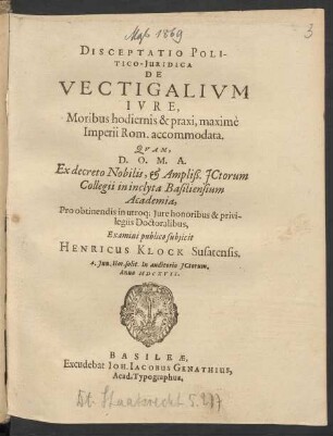 Disceptatio Politico-Iuridica De Vectigalium Iure : Moribus hodiernis & praxi, maxime Imperii Rom. accommodata