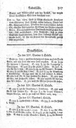 Druckfehler. In des XIV. Bandes I. Stücke. - In des XVI. Bandes II. Stücke.