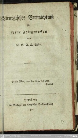 Liturgisches Vermächtniß für seine Zeitgenossen