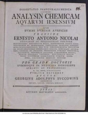 Dissertatio inavgvralis medica sistens : Analysin chemicam aqvarvm Ienensivm