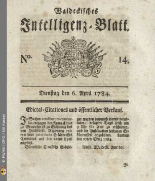 No. 14, Dienstag den 6. April 1784