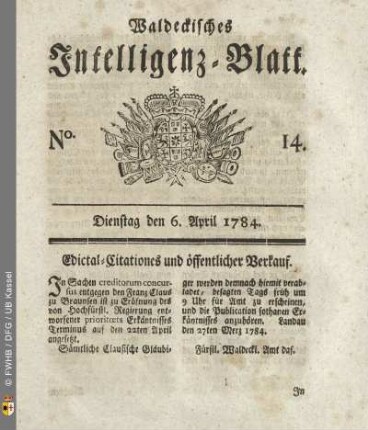 No. 14, Dienstag den 6. April 1784