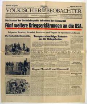 Titelblatt der Tageszeitung "Völkischer Beobachter" u.a. zur Kriegserklärung weiterer Staaten an die USA