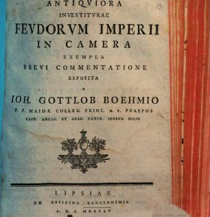 Antiqviora Investitvrae Fevdorvm Imperii In Camera Exempla Brevi Commentatione Exposita