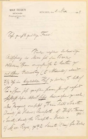 Max Reger (1873 - 1916) Autographen: Brief von Max Reger an Pauline von Erdmannsdörfer-Fichtner - BSB Autogr.Cim. Reger, Max