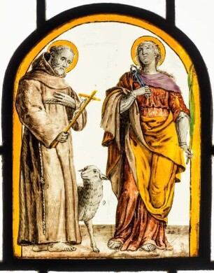 Zwei Heilige mit Kruzifix, Lamm und Marterinstrument