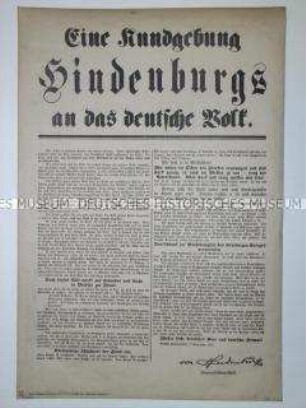 Maueranschlag mit dem Wortlaut eines Aufrufs von Hindenburg aus den letzten Kriegsmonaten