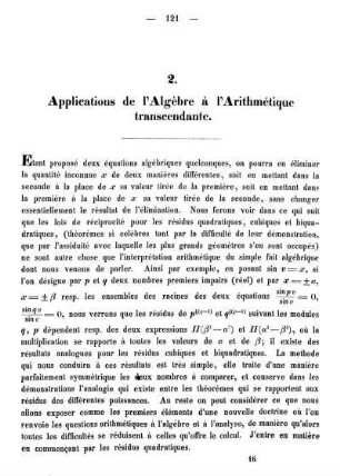 2. Applications de l'Algèbre à l'Arithmétique transcendante.