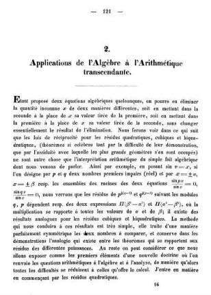 2. Applications de l'Algèbre à l'Arithmétique transcendante.