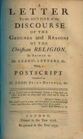 A letter to the Author of the Discourse of the Grounds and Reasons of Christian Religion