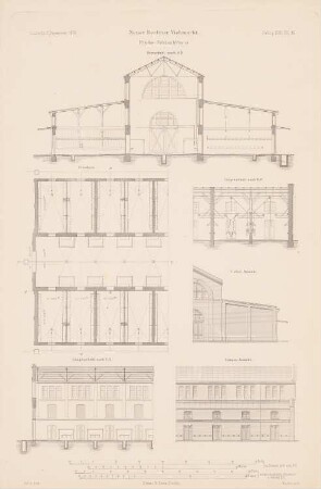 Viehmarkt und Schlachthof, Berlin: Grundriss, Ansichten, Längsschnitte, Querschnitt Rinderschlachthaus (aus: Atlas zur Zeitschrift für Bauwesen, hrsg. v. G. Erbkam, Jg. 22, 1872)
