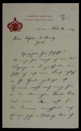 Nr. 10: Brief von Emanuel Lasker an Adolf Hurwitz, New York, NY, 10.2.1903