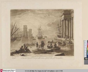 [Seehafen mit Säulengebäuden und Türmen. Aeneas mit Gefolge als Staffage]
