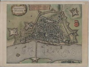 Stadtplan von Mainz, Ca. 1:5700, Kupferstich, 1657 : Moguntia, Maintz. - [Amsterdam] : [Ioannes Ianssonius], [1657]. - 1 Karte : mehrfarb. ; 50,0 x 39,0 cm. W oben. - Mit Gebäudeverz. - Mit 1 Wappen. - Aus: Theatrum Exhibens Illustriores Principesque Germaniae Superioris Civitates [Theatrum / 2] / Jansson, Jan. - Amstelodami//Amsterdam : Ioannes Ianssonius, 1657