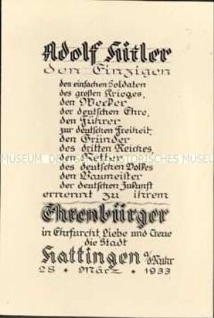 Ehrenbürgerurkunde der Stadt Hattingen für Adolf Hitler
