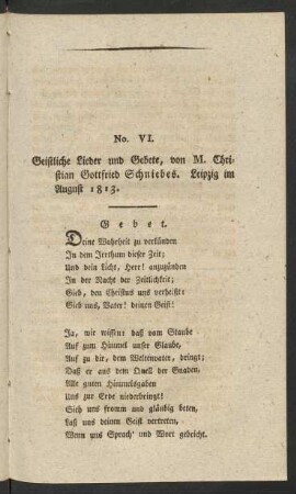 No. VI. Geistliche Lieder und Gebete, von M. Christian Gottfried Schniebes. Leipzig im August 1813