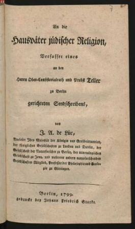 An die Hausväter jüdischer Religion, Verfasser eines an den Herrn Ober-Consistorialrath und Probst Teller zu Berlin gerichteten Sendschreibens