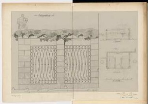 Erbbegräbnis Monatskonkurrenz Oktober 1909: Grundriss, Aufriss Rückansicht 1:50; Aufriss Seitenansicht 1:10; 2 Maßstabsleisten