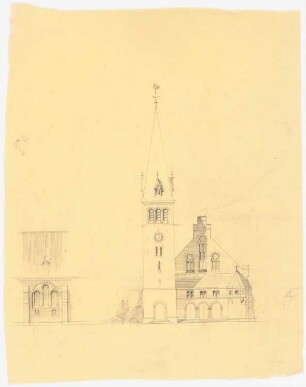 Kirche mit 361 Plätzen: Aufriss Eingangsseite, Teilansicht der Seitenwand